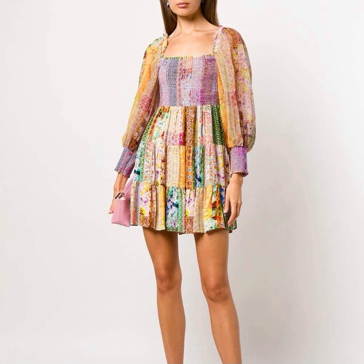 Alice + Olivia Rowen Tiered Babydoll Patchwork Mini Dress, Sz S/M?
